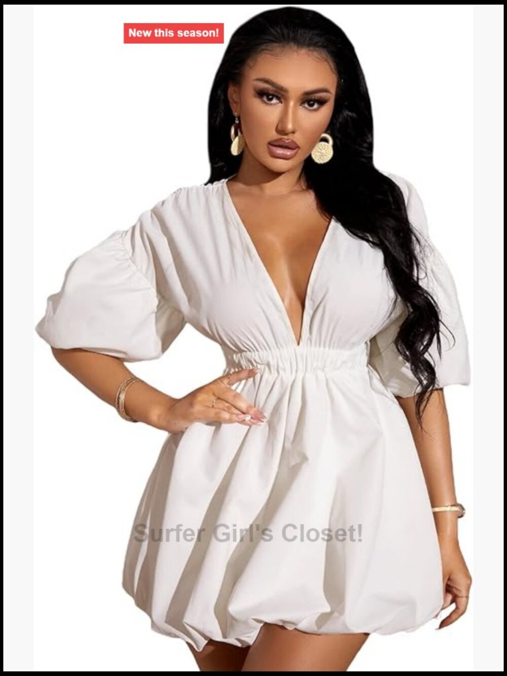 Deep V Neck Puff Sleeve Flare Ruffle Summer Dress A-Line Mini